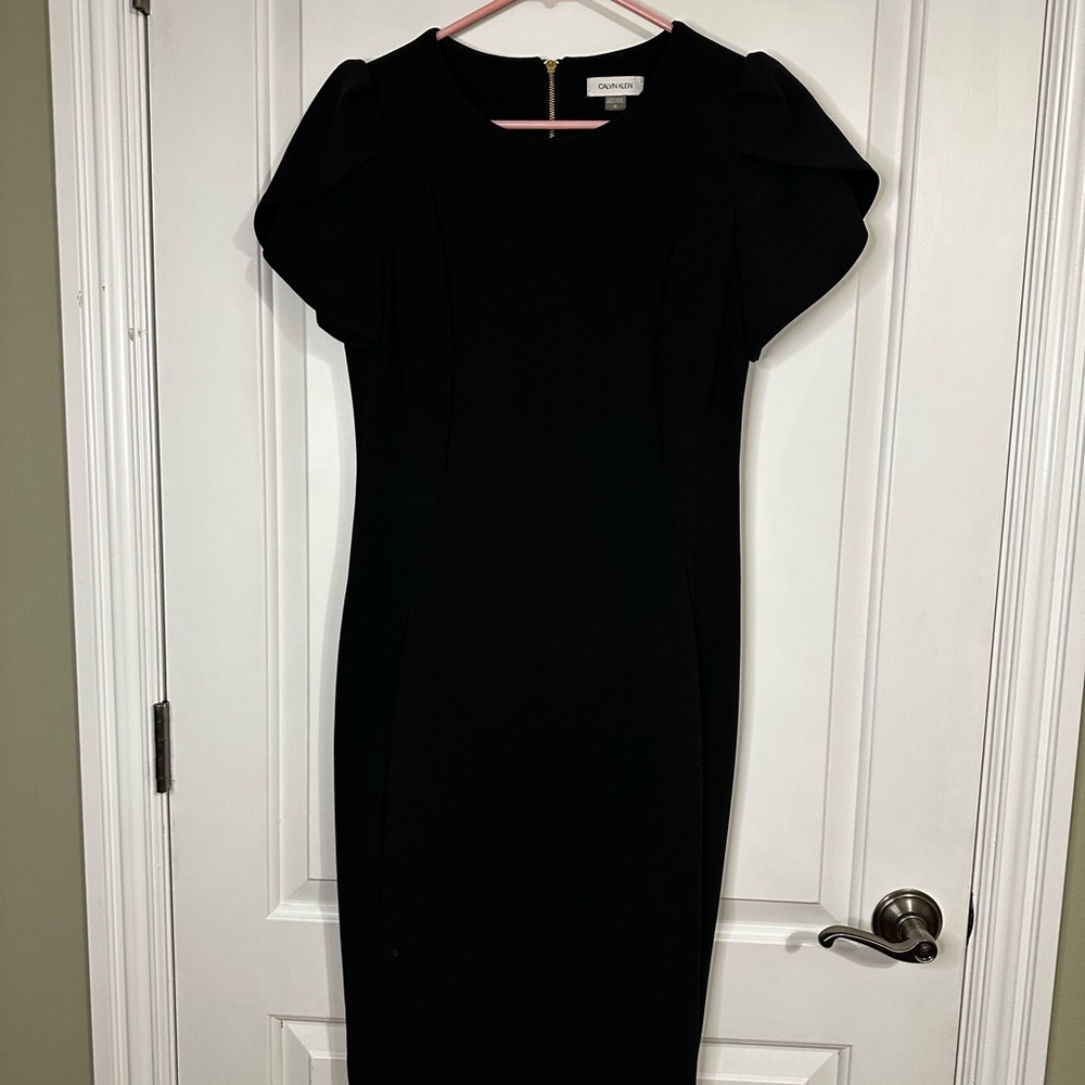 Calvin Klein Black Sheath Midi Dress with Flutter Sleeves
